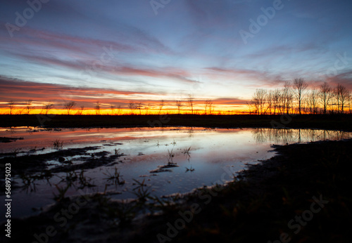 water pond in sunset orange and blue sky 