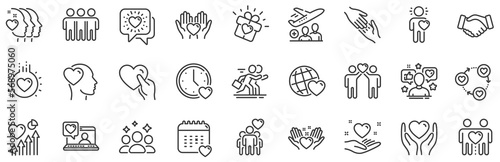 Interaction, Mutual understanding and assistance business. Friendship and love line icons. Trust handshake, social responsibility, mutual love icons. Trust friends, partnership. Vector