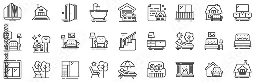 Balcony, house terrace and garden deckchair set. Furniture line icons. Home furniture, bath tub and fireplace line icons. Resort terrace and balcony, outdoor chair. Sliding wardrobe. Vector