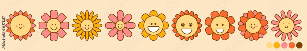 Obraz premium Vector set of retro flowers witn smiles and eyes in Groovy style. Plant with petals icon. Pack of cute characters. For stickers, printing on paper and fabric, social media design and surface design. 