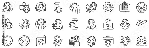 Global law, translate language, Outsource business. World business line icons. International organization, financial transactions, world map icons. Delivery service, global outsource. Vector