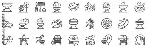 Salmon meat steak, Bbq smoker and Fire cooking set. Grill line icons. Gas-fueled grill, hot pan and barbecue sausage icons. Grilled beef steak meat, roasted food and fish grilling basket. Vector