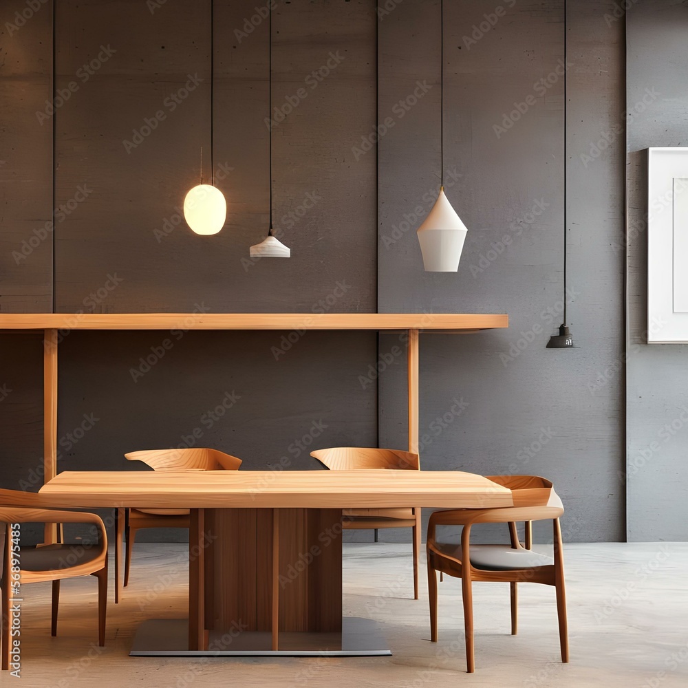 Minimalist dining room with a minimalist wooden table and chairs1, Generative AI Minimalist dining room with a minimalist wooden table and chairs1, Generative AI