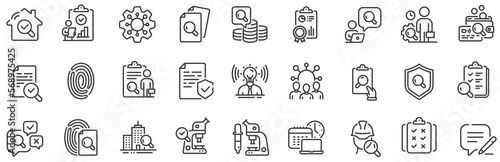 Quality research, Testing and Safety check icons. Inspection line icons. Microscope analysis, quality control and house verification. Inspect risk, safety research and fingerprint check. Vector