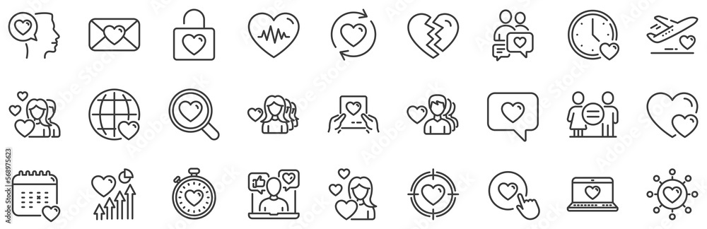 Couple, Romantic and Heart icons. Love line icons. Valentines day love symbols. Divorce or Break up heart, romantic couple. Laptop, timer, communication. Target, valentines day holiday. Vector Couple, Romantic and Heart icons. Love line icons. Valentines day love symbols. Divorce or Break up heart, romantic couple. Laptop, timer, communication. Target, valentines day holiday. Vector