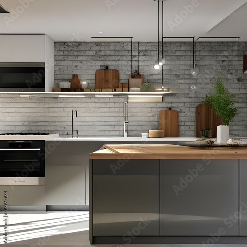 Modern minimalist kitchen with stainless steel appliances1, Generative AI