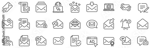 Newsletter, Email document, Correspondence icons. Mail message line icons. Received mail, Secure message and Web letter. Post office newsletter, Send email document, private communication. Vector