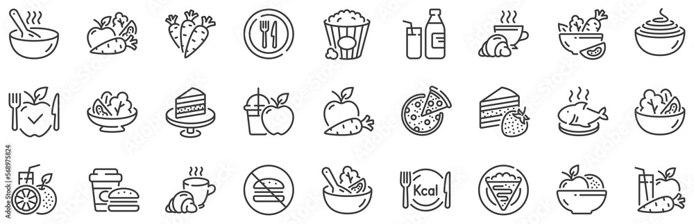 Vegatable dish, poke bowl food and healthy salad set. Meal line icons. Pizza, pasta spaghetti bowl and burger line icons. Breakfast meal, vegetable salad and fish. Apple and carrot fresh juice. Vector Vegatable dish, poke bowl food and healthy salad set. Meal line icons. Pizza, pasta spaghetti bowl and burger line icons. Breakfast meal, vegetable salad and fish. Apple and carrot fresh juice. Vector