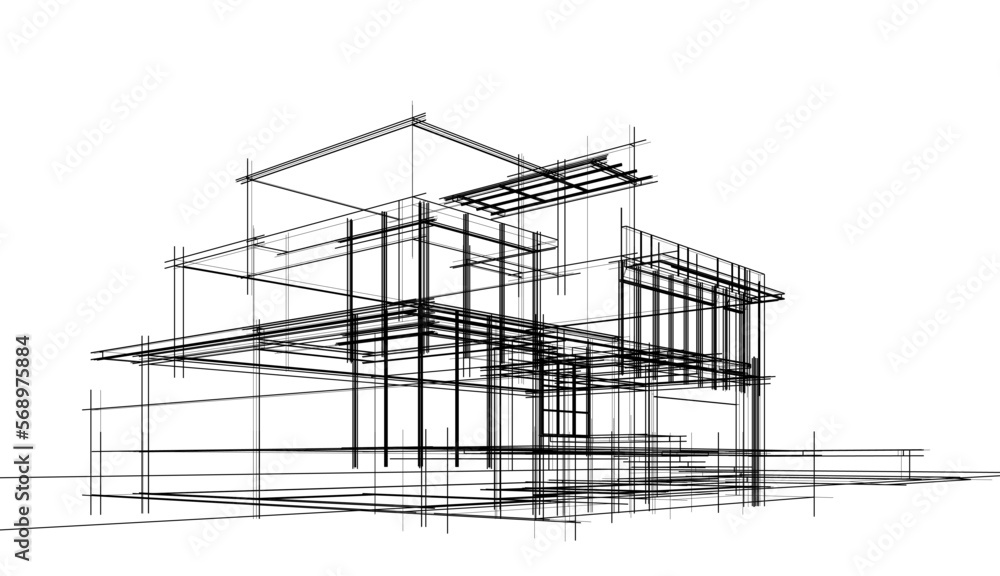 Architectural sketch of a building 3d illustration