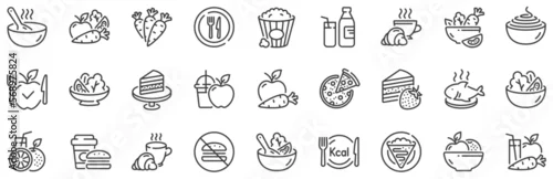 Obraz Vegatable dish, poke bowl food and healthy salad set. Meal line icons. Pizza, pasta spaghetti bowl and burger line icons. Breakfast meal, vegetable salad and fish. Apple and carrot fresh juice. Vector