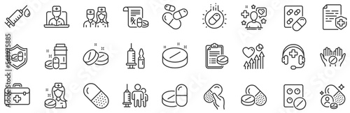 Healthcare, Prescription and Pill signs. Medical drugs line icons. Pharmacy drugs, medical nurse, recipe pill icons. Antibiotic capsule, syringe vaccination, medicine cure. Vector