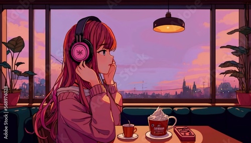 a beautiful girl is listening to music by a headphone in a cozy cafe, chilled, pink, manga style illustration.