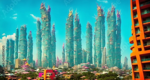  Megalopolis mega city future Thailand with huge colorful skyline of skyscrapers, bright sunny, ai generated 