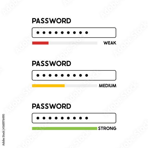 Password weak, medium and strong. Authorization concept. Digital security password authentication. Cyber security technology. Template for ui or ux design, creating sites. Vector illustration