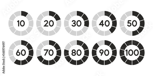 Percentage pie chart set. Circle percent diagram or chart with progress bar. Infographic design template for business process, data statistic, web loading process. Vector illustration
