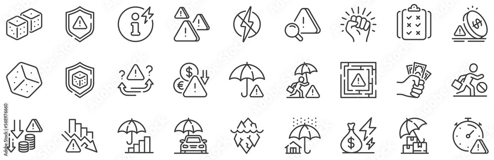 Safety umbrella, Iceberg threat and dice gambling set. Risk management line icons. Reduce finance, win chance and maze labyrinth line icons. Crisis management, insurance umbrella, threat risk. Vector - obrazy, fototapety, plakaty 