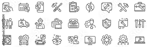 Set of Hammer, Screwdriver and Spanner tool icons. Repair car service line icons. Recovery, Washing machine repair, Car service. Engineer tool, Tech support. Spanner equipment, screwdriver. Vector