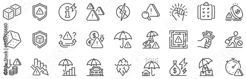 Safety umbrella, Iceberg threat and dice gambling set. Risk management line icons. Reduce finance, win chance and maze labyrinth line icons. Crisis management, insurance umbrella, threat risk. Vector