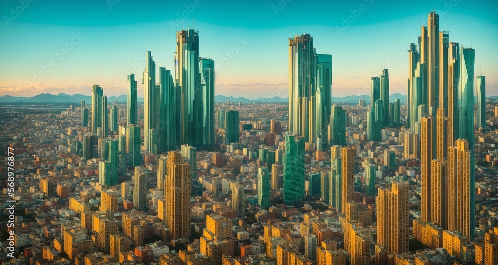 Megalopolis mega city future with huge skyline of skyscrapers, bright sunny, ai generated