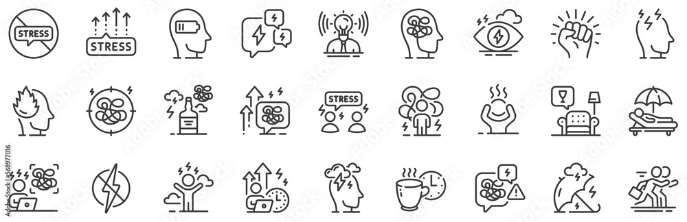 Mental health, depression and confusion thoughts. Stress line icons. Frustrated man, negative mood, panic fear outline icons. Stress pressure and psychology mental problems. Bad depression. Vector