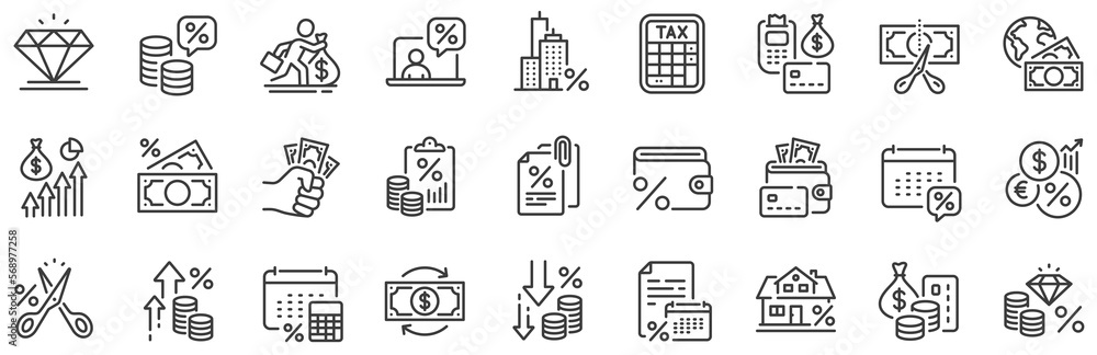 Mortgage rate, Money credit and finance payroll set. Tax line icons. Increase percent rate, return overpayment money, tax amount line icons. Jewel value, cut finance and tax evasion. Vector - obrazy, fototapety, plakaty 