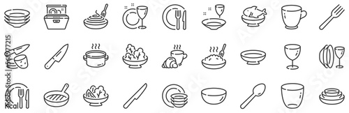 Dish plate, Food bowl and Cooking utensils set. Tableware line icons. Fork, spoon and knife cutlery line icons. Grill pan, dish washer and dish with pasta. Food plate, glass and tea cup. Vector