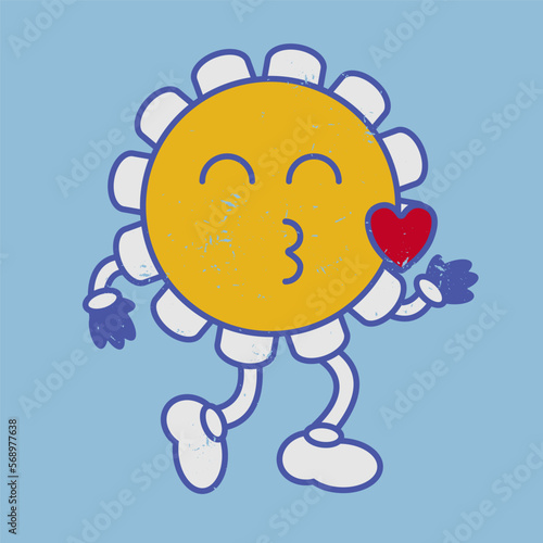 Retro flower kiss heart emoji smile. Laughing vintage naive emoticon.
