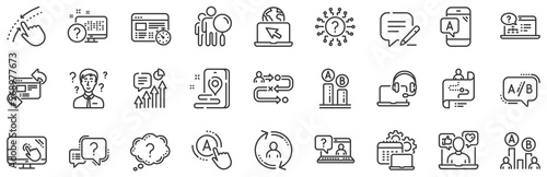 Set of AB testing, Journey path map and Question mark icons. UX line icons. Usability quiz test, Ux Ui and User flow. Project process, ab testing graph, survey test results. Quiz question. Vector photo