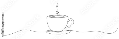 Cup continuous line art. Coffee or tea cup one line drawing. Hot drink with steam. Vector isolated on white.