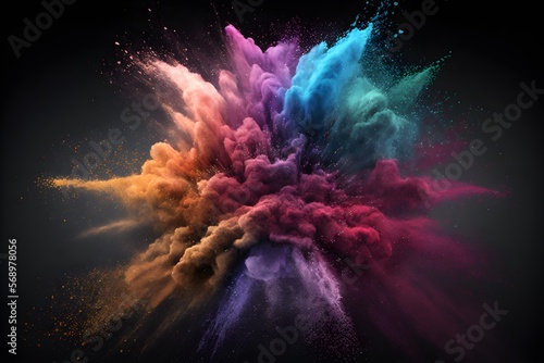 Colorful rainbow powder explosion, paint splash. Abstract closeup dust on backdrop. Generative AI