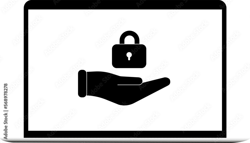 Illustration of a lock above the hand, in the laptop screen Illustration of a lock above the hand, in the laptop screen