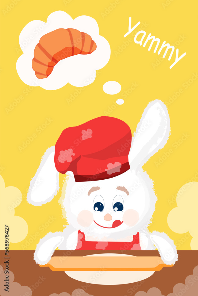 Fototapeta premium White bunny baker covered in flour with rolling pin makes dough for his favorite croissant. Cartoon food illustration.