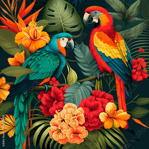 Tropical exotic pattern with parrots and colorful flowers(Generative AI) © senadesign