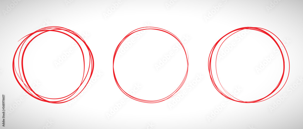 Red circle line hand drawn set. Highlight hand drawing circle isolated on background. Round handwritten red circle. For marking text, note, mark icon, number, marker pen, pencil and text check, vector Red circle line hand drawn set. Highlight hand drawing circle isolated on background. Round handwritten red circle. For marking text, note, mark icon, number, marker pen, pencil and text check, vector