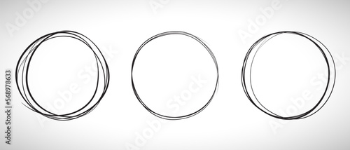 Black circle line hand drawn set. Highlight hand drawing circle isolated on background. Round handwritten circle. For marking text, note, mark icon, number, marker pen, pencil and text check, vector