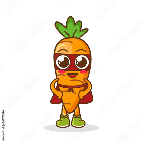 Funny cartoon character vegetable in superhero costume. Concept of healthy diet, natural vegetarian organic products. Cute food vegetable carrot in cloak of super hero and mask. Vector illustration.