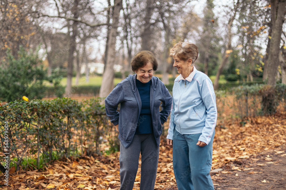 Senior women standing in the park taking a break after exercise Senior women standing in the park taking a break after exercise