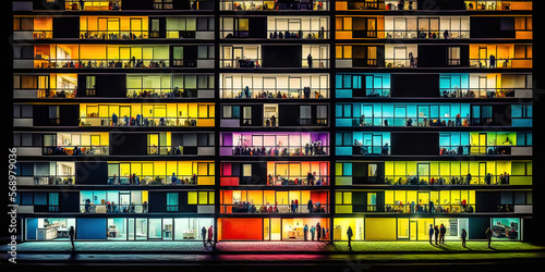 Appartmenthaus Bürohaus Abstrakt Surreal Frontalansicht Horizontal bei Nacht Generative AI Digital Art Illustration Kunst Hintergrund Background Cover Kunst 