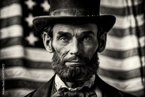 Photographie Portrait of Abraham Lincoln in a hat against the background of the flag of the United States of America