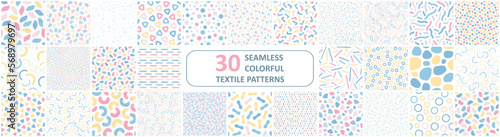 Collection of vector seamless patterns with colorful mosaic shapes. Trendy minimalistic delicate backgrounds. Textile endless prints, stylish unusual textures