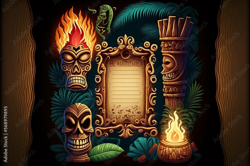 cartoon illustration, bamboo frame with ancient mask, ai generative cartoon illustration, bamboo frame with ancient mask, ai generative
