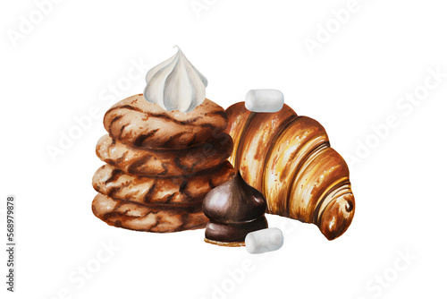 Watercolor composition with   peanut biscuits  marshmallows in chocolate  meringue  croissant and marshmallow. Hand painting sweet on a white isolated background. For designers  menu  shop  bar