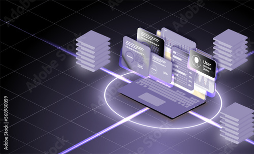 Software development. Abstract vector in futuristic polygonal style with wireframe. Concept illustration for support, assistance, call center.
