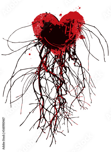 Vector banner with sign red heart, blood vessels and veins or tree roots. Abstract hand-drawn illustration on the theme of love, art. Suitable for poster, tattoo, T-shirt design