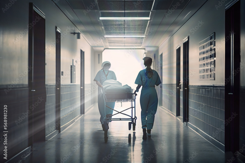 A nurse carrying a patient on a stretcher through the corridors of the hospital. Generative AI.