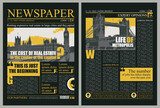 Vector London city newspaper layout with headlines, foto with westminster palace, Tower Bridge. News column articles and daily advertising construction. Newsprint design or magazine page template