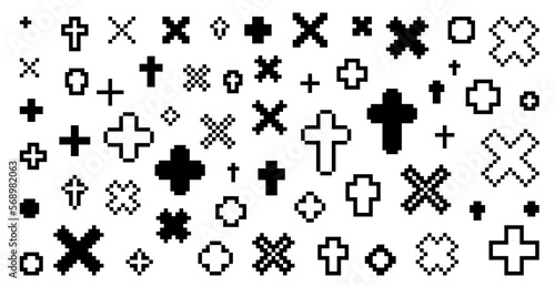 Pixel 8 bit cross vector set. collection of crosses. isolated + symbol pixelated icons. plus pixel art. Old PC gaming style.