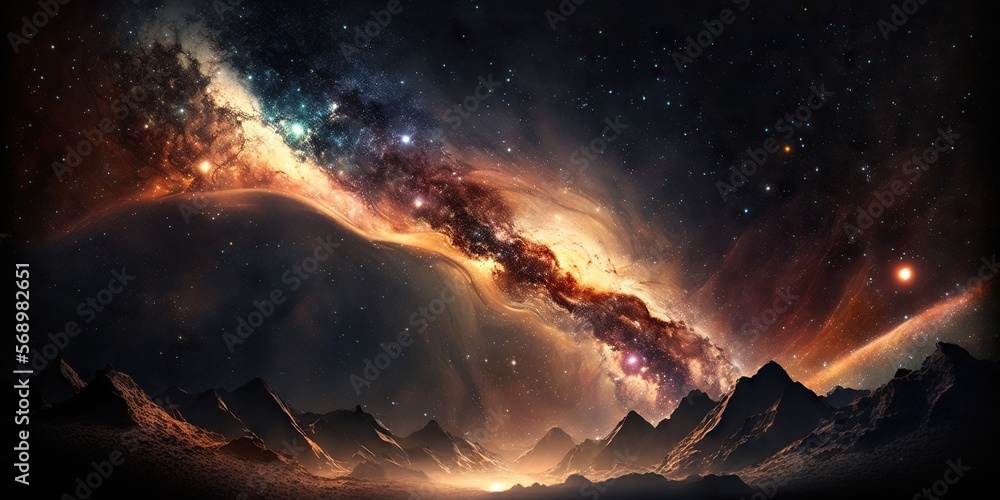 Fototapeta premium Fantasy landscape with stars and milky way on the sky. Generative AI