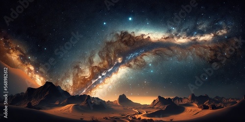 Fantasy landscape with stars and milky way on the sky. Generative AI