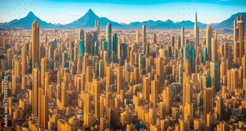 Megalopolis mega city future with huge skyline of skyscrapers, bright sunny, ai generated